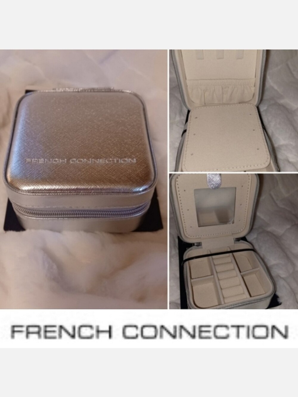 Ziparound Travel  Jewelry Box & Mirror,  French Connection, Metallic Silver